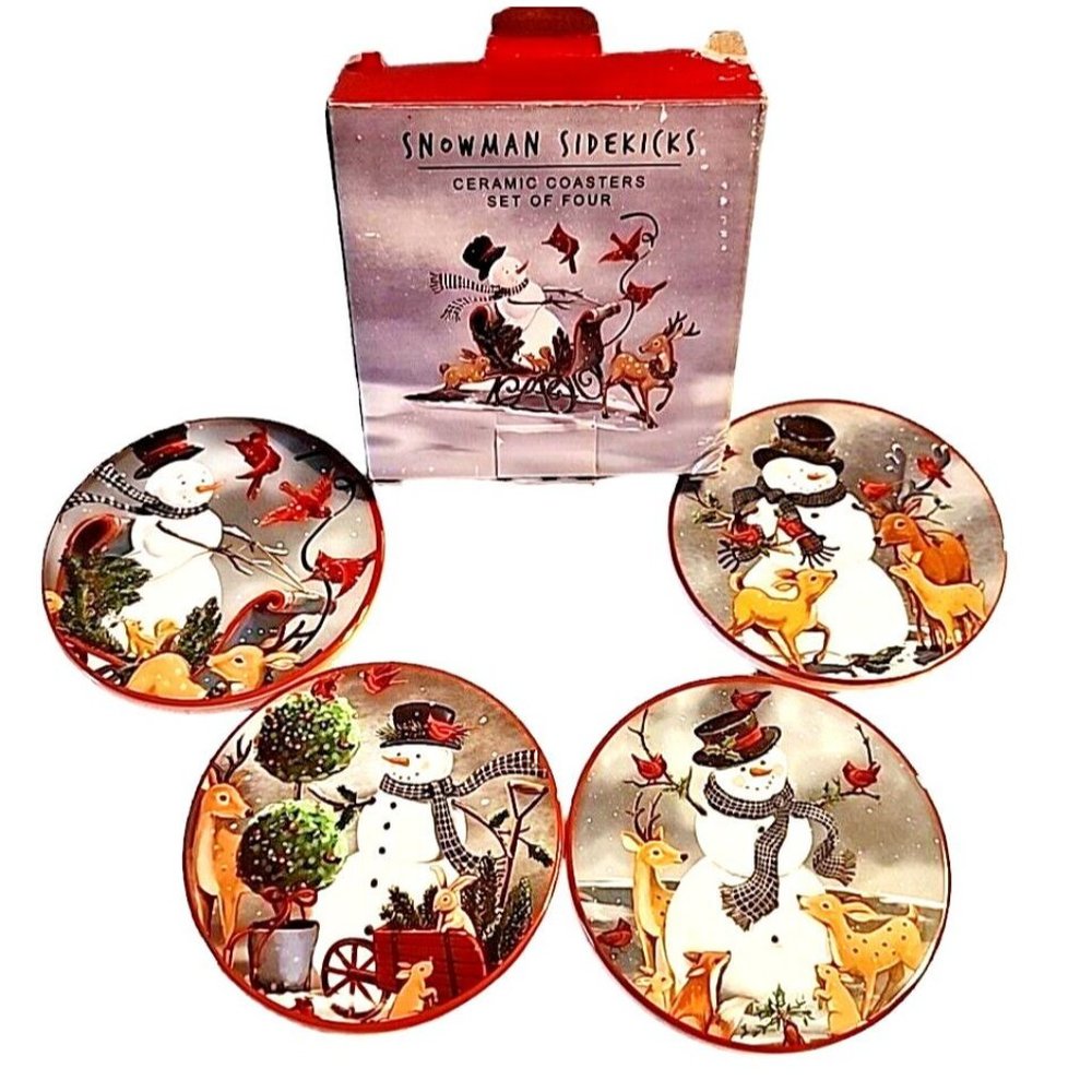 Snowman Sidekicks Ceramic Coasters Cardinals Christmas Holiday Cork Backed inBox